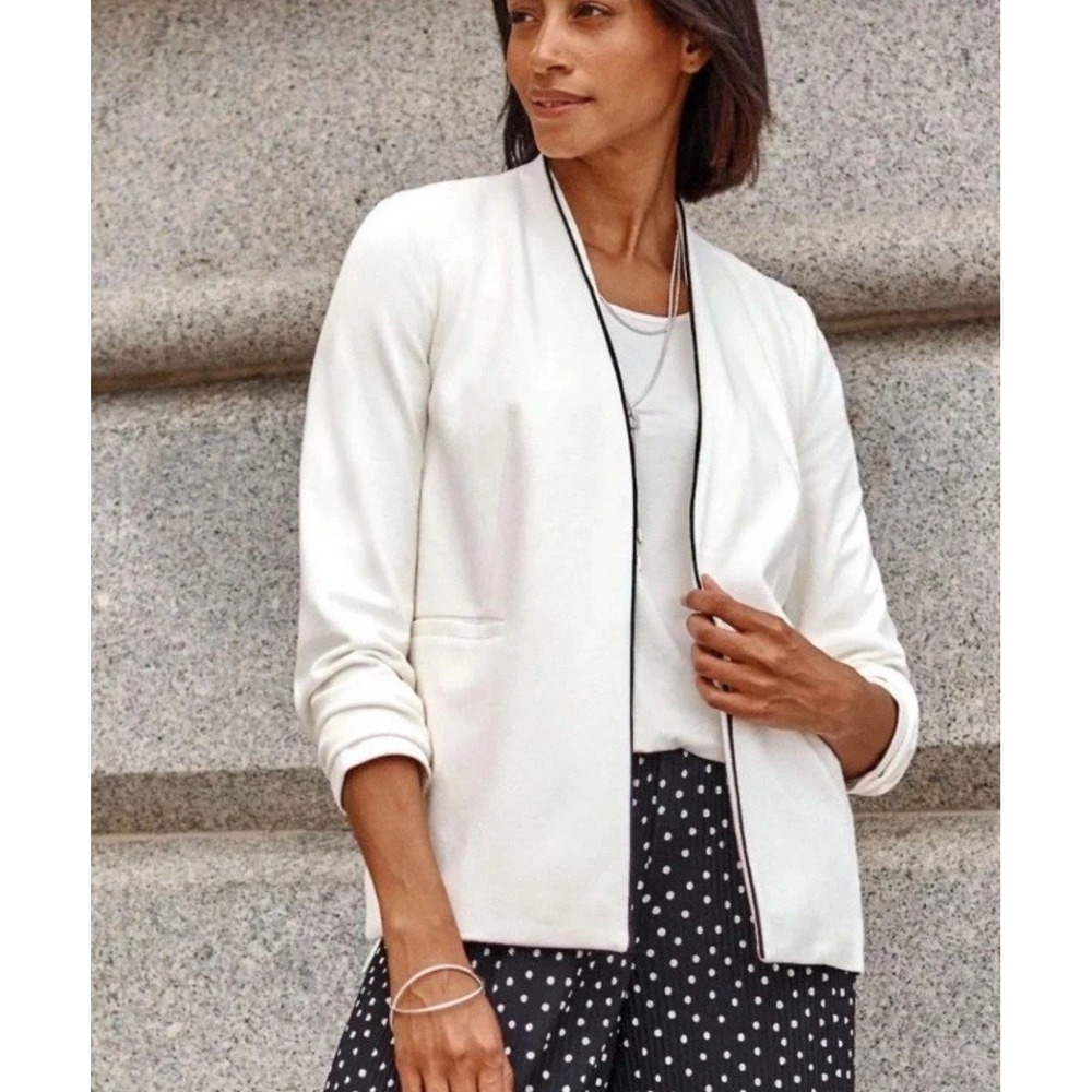 J. Jill‎ Wearever Piped Trim Blazer Cream Black Pockets Lined Size Medium $129